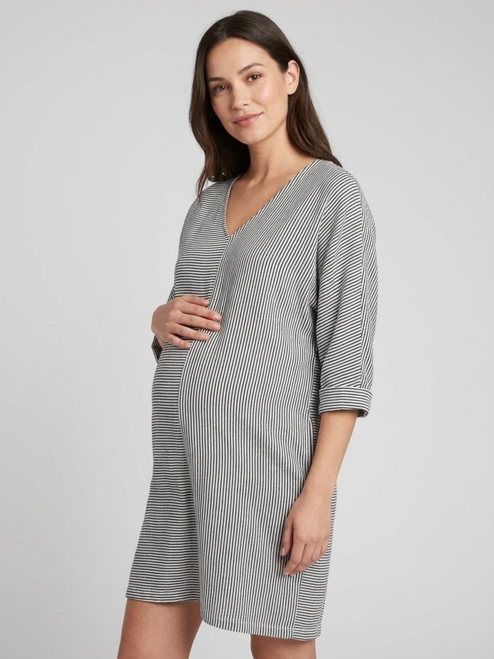 Hatch Black and White Striped Nursing Maternity Nightshirt